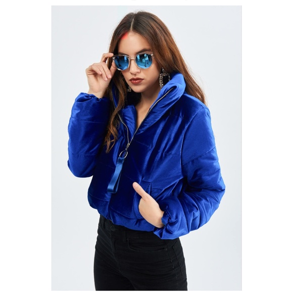 Velvet Cobalt Blue Puffer Coat - Picture 1 of 6